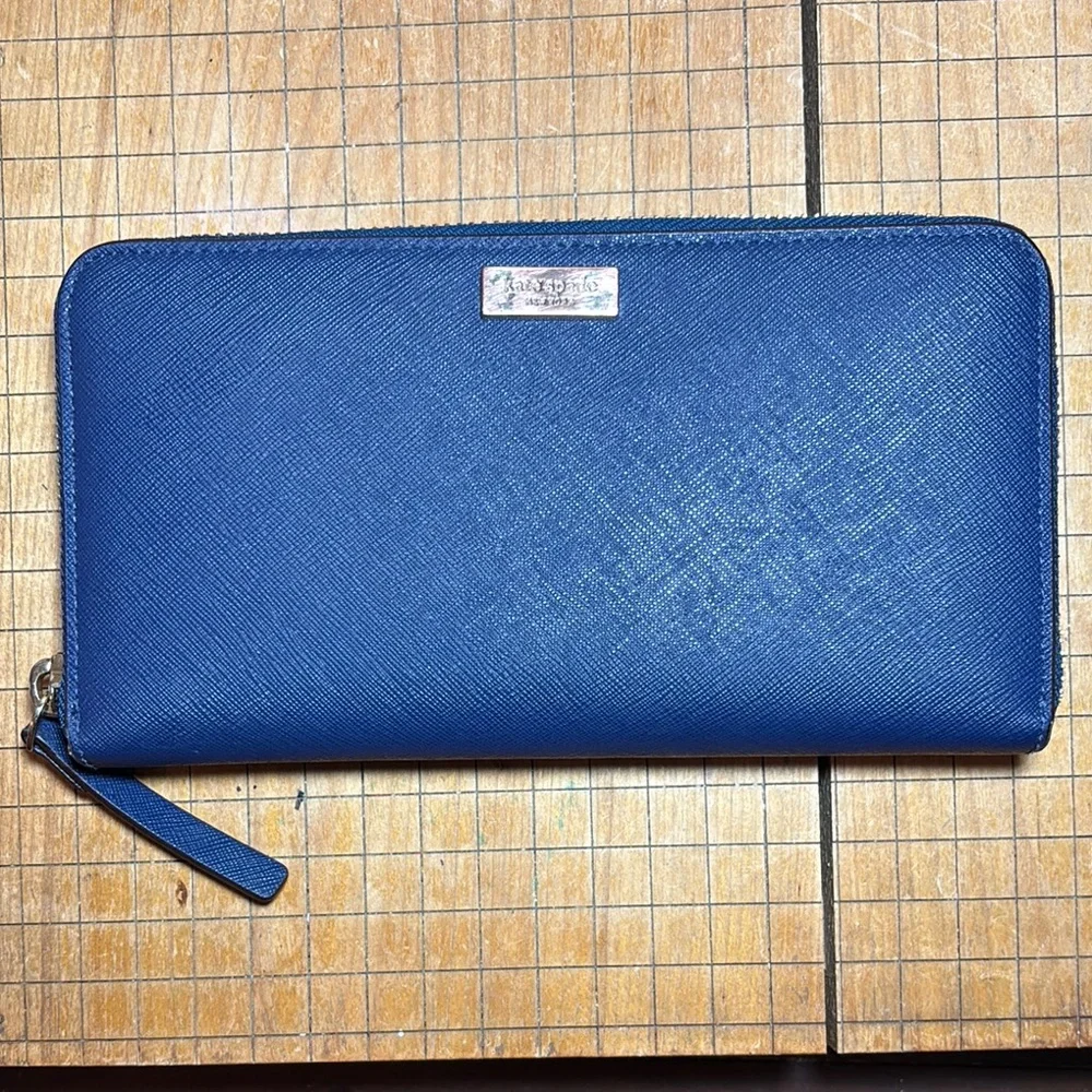 kate spade Safiano Leather Wallet Navy Dark Blue Zip Around 8”Lx4.25”Hx1”H - Picture 1 of 17